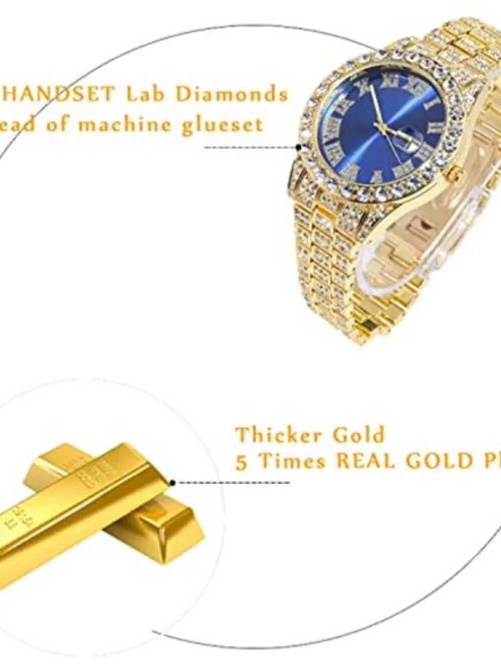 Diamond Watch for Men 18K Real Gold/Platinum White Gold